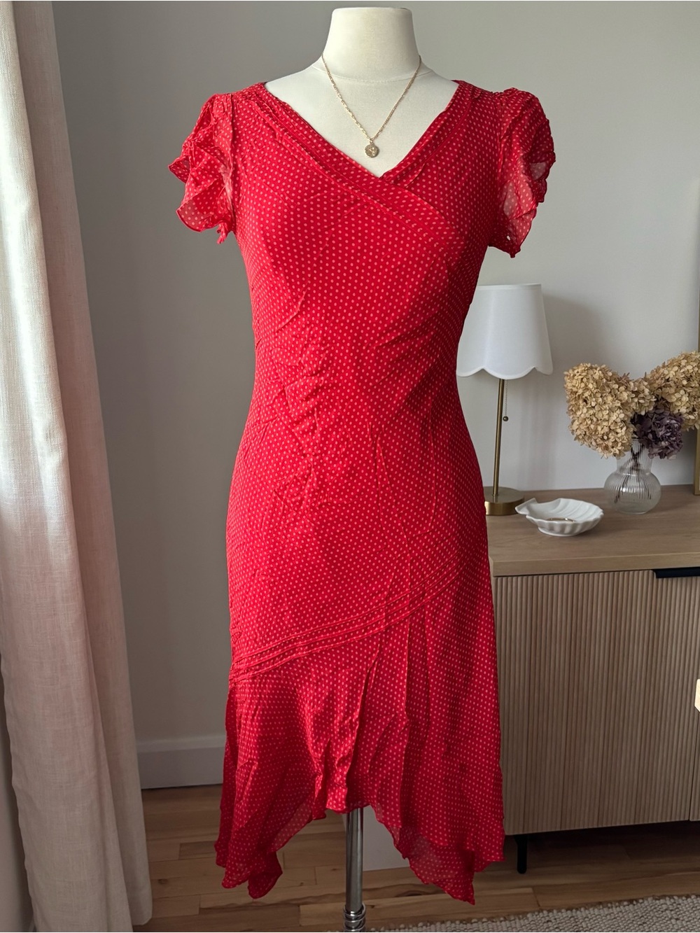 VINTAGE 100% Silk Polka Dot Asymmetrical Midi Dress -SIZE 10